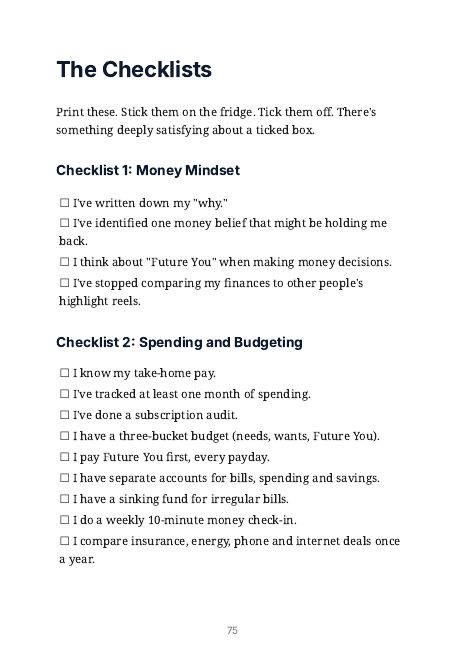 A page from the ebook: printable money mindset and budgeting checklists